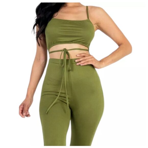 Women's Tie Front Cut Out Jumpsuit in Stretch Jersey - Olive Green - Picture 2 of 2
